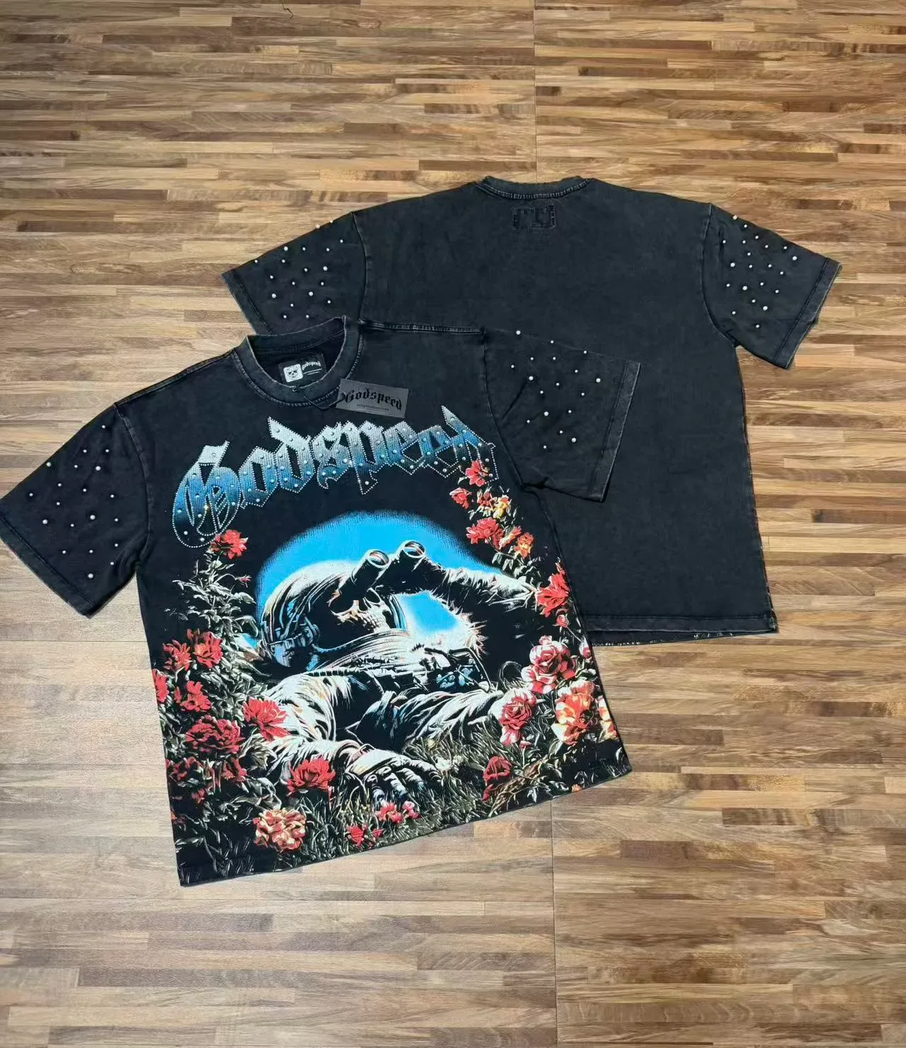 Godspeed Astronaut and Roses Graphic Rhinestone Sleeve T-Shirt 3