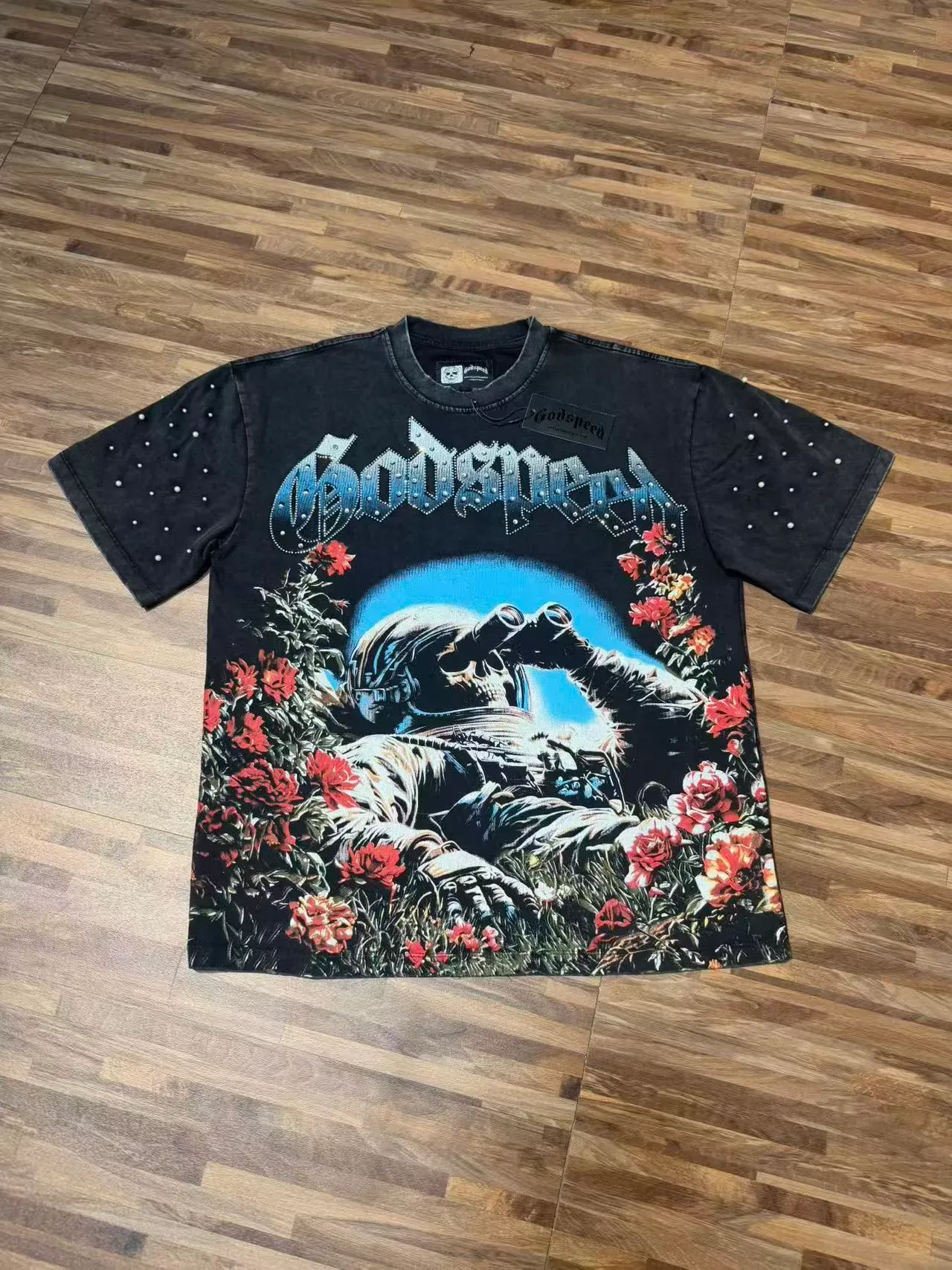 Godspeed Astronaut and Roses Graphic Rhinestone Sleeve T-Shirt 4