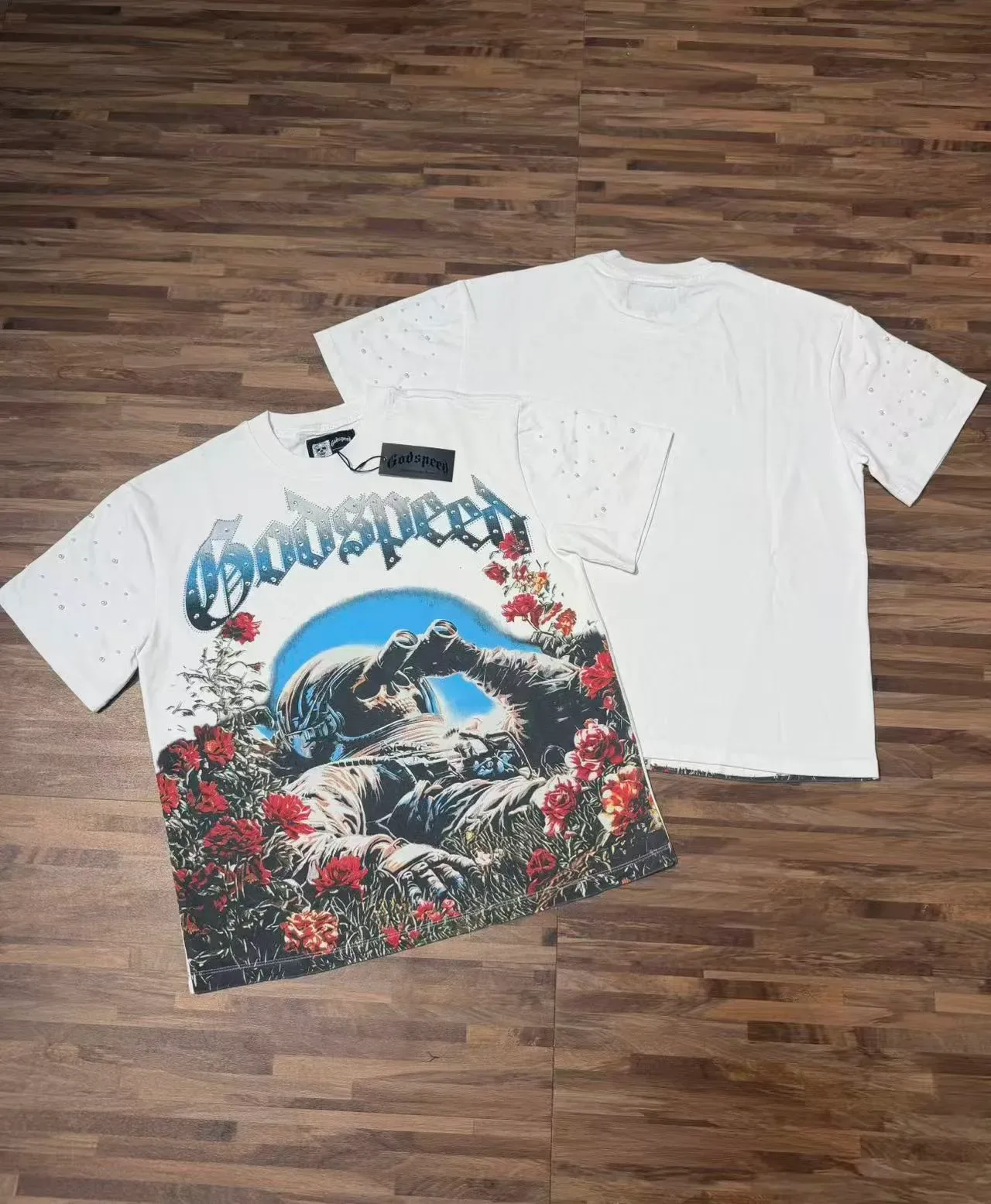 Godspeed Astronaut and Roses Graphic Rhinestone Sleeve T-Shirt 6
