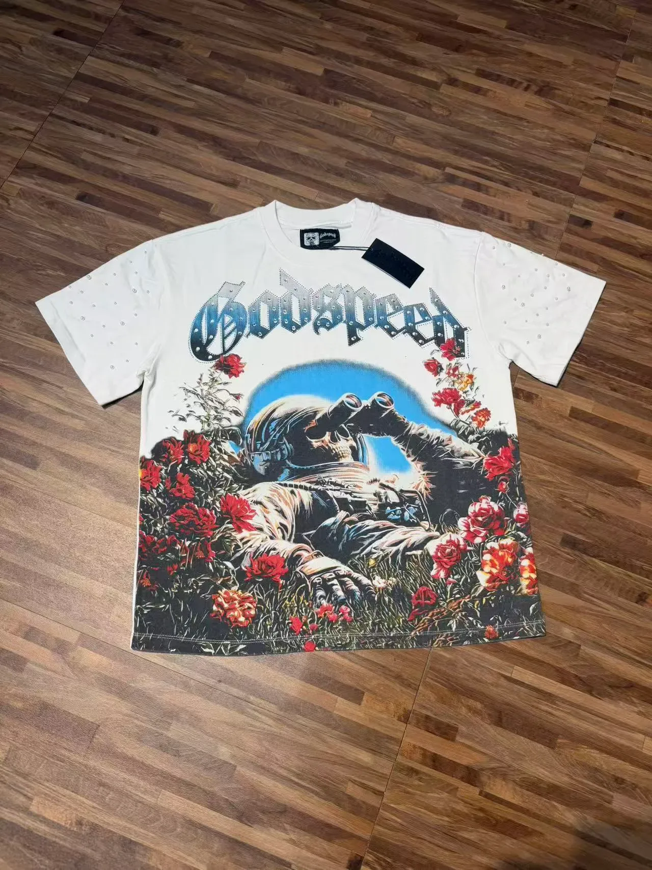 Godspeed Astronaut and Roses Graphic Rhinestone Sleeve T-Shirt 7