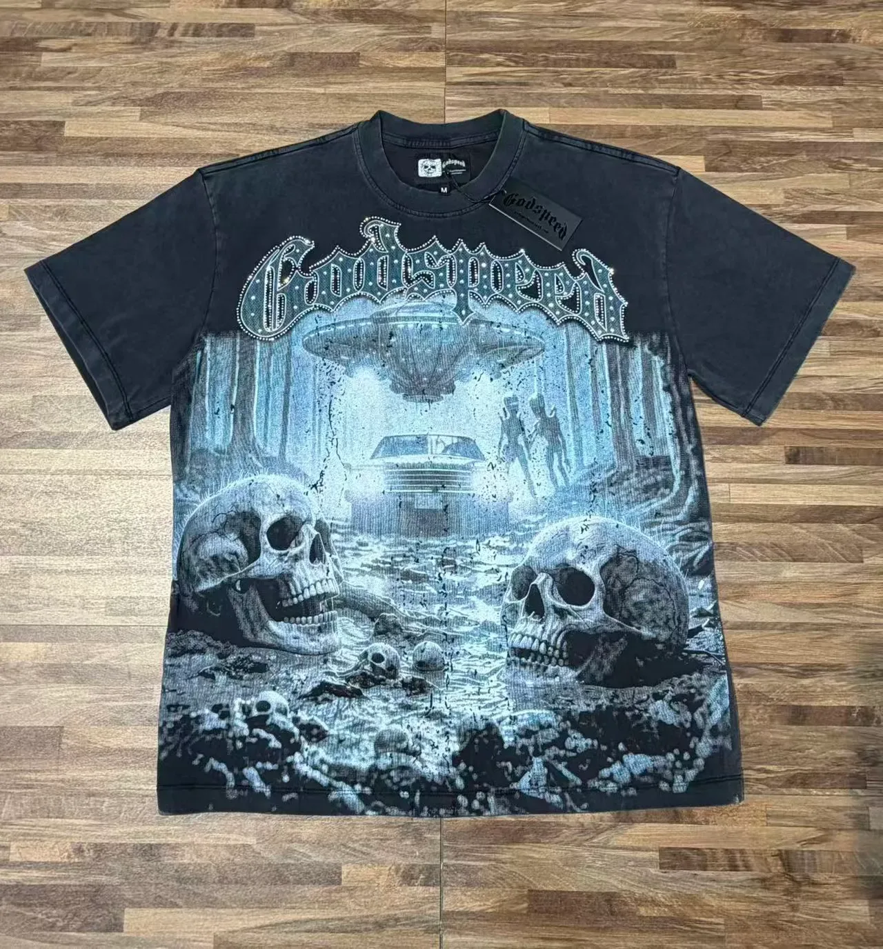 Godspeed Distressed Black Graphic Skull UFO T-Shirt 2