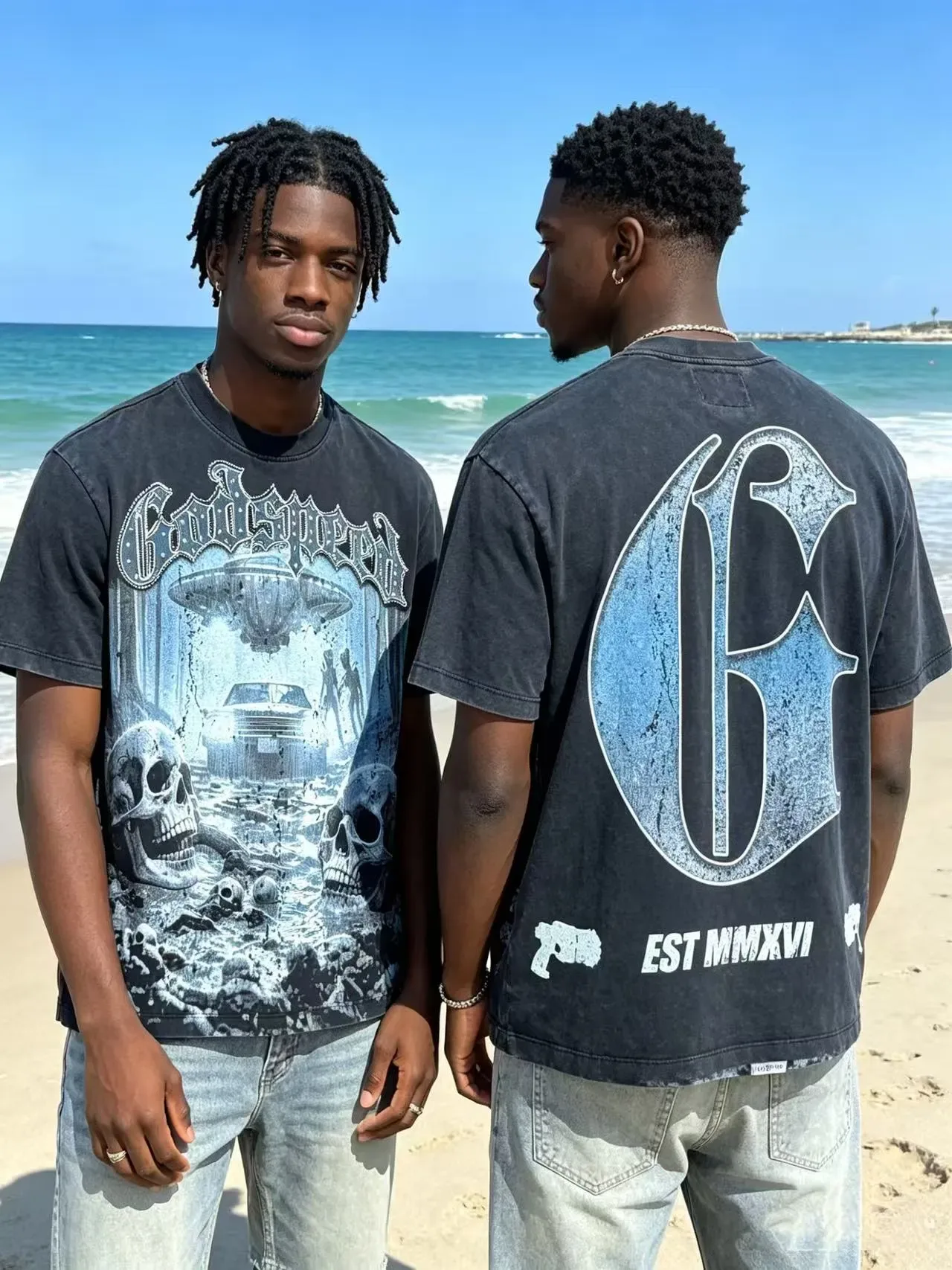 Godspeed Distressed Black Graphic Skull UFO T-Shirt 4