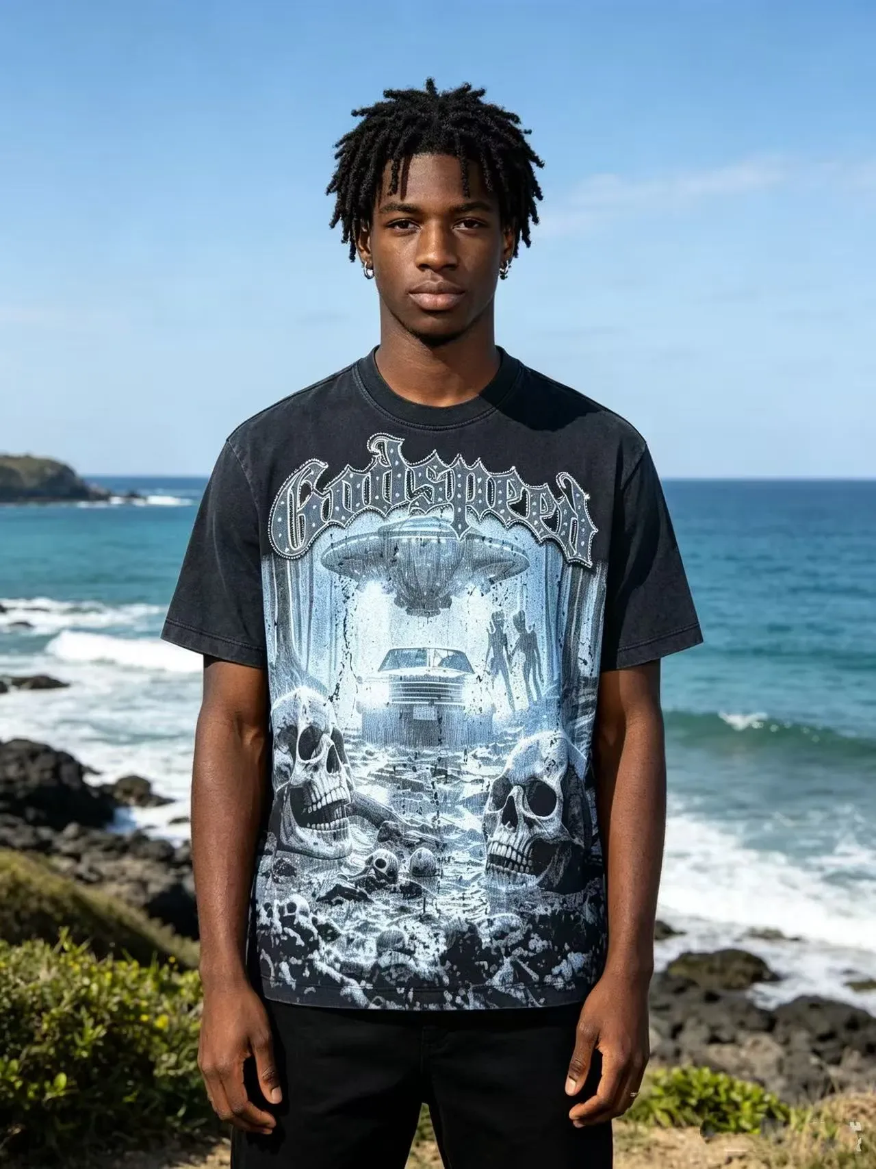 Godspeed Distressed Black Graphic Skull UFO T-Shirt 5