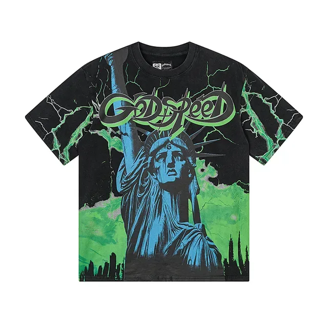Godspeed Graphic Print Black and Green Lightning Statue of Liberty T-Shirt 2