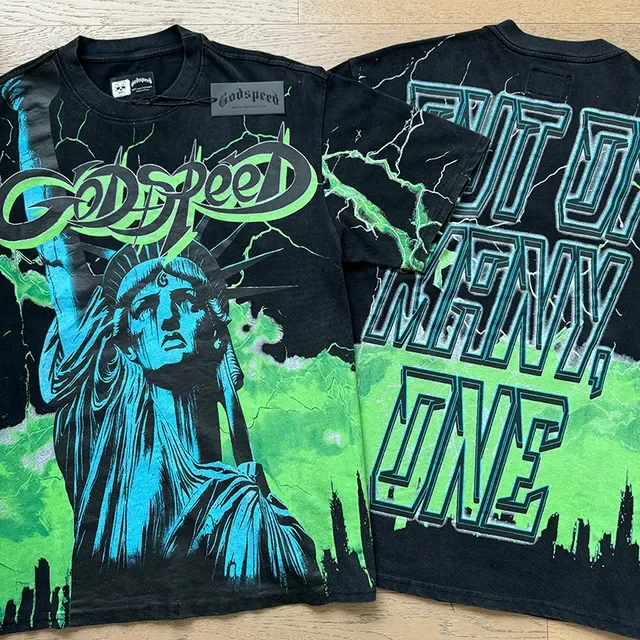 Godspeed Graphic Print Black and Green Lightning Statue of Liberty T-Shirt 4