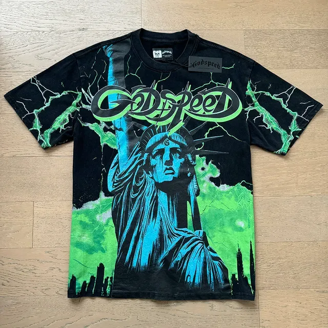Godspeed Graphic Print Black and Green Lightning Statue of Liberty T-Shirt 5