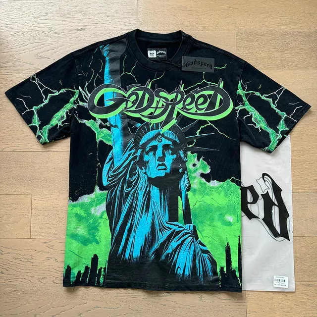 Godspeed Graphic Print Black and Green Lightning Statue of Liberty T-Shirt 6