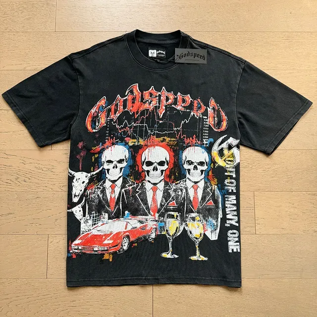 تيشيرت Godspeed أسود متهالك بطباعة جرافيك 5