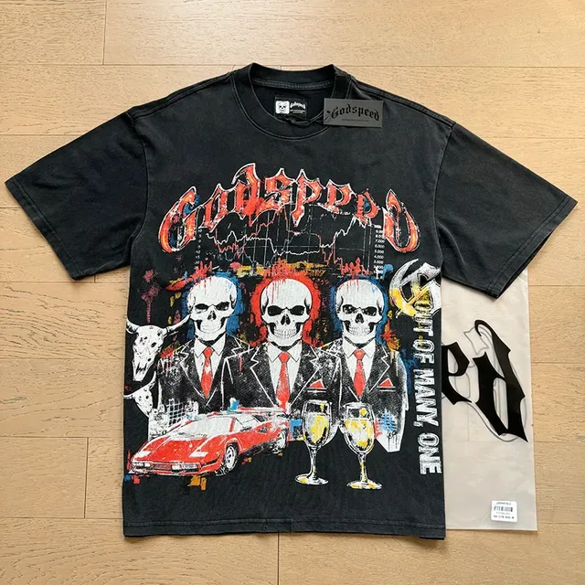 تيشيرت Godspeed أسود متهالك بطباعة جرافيك 6