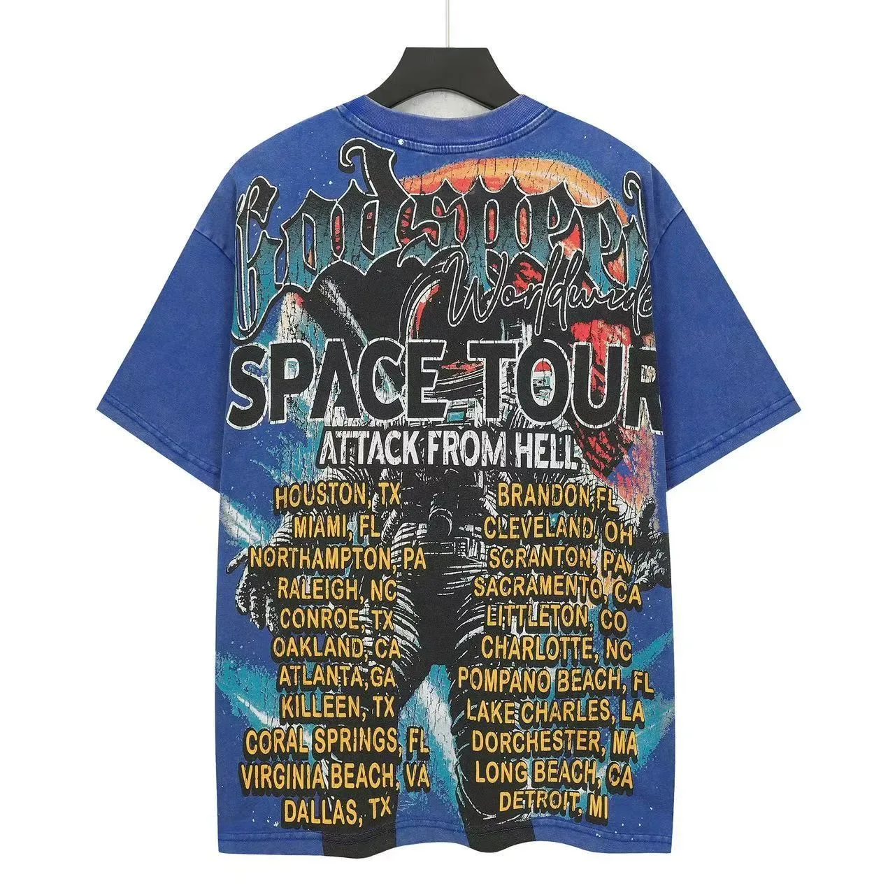 Camiseta azul Godspeed Space Tour con estampado de astronauta 3