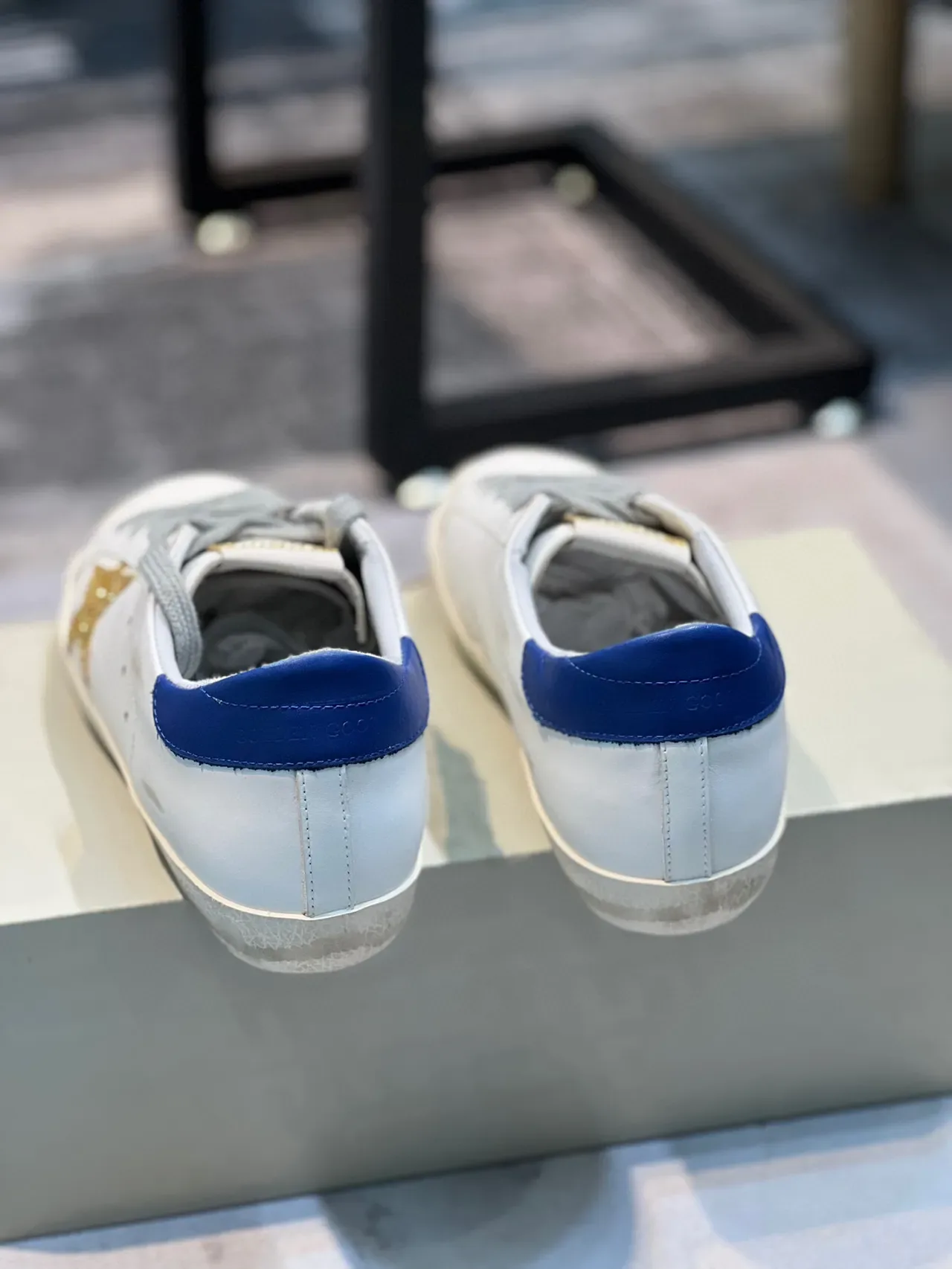 Golden Goose Superstar White Blue Distressed Leather Glitter Gold Star Appliqué Lifestyle Sneakers 2