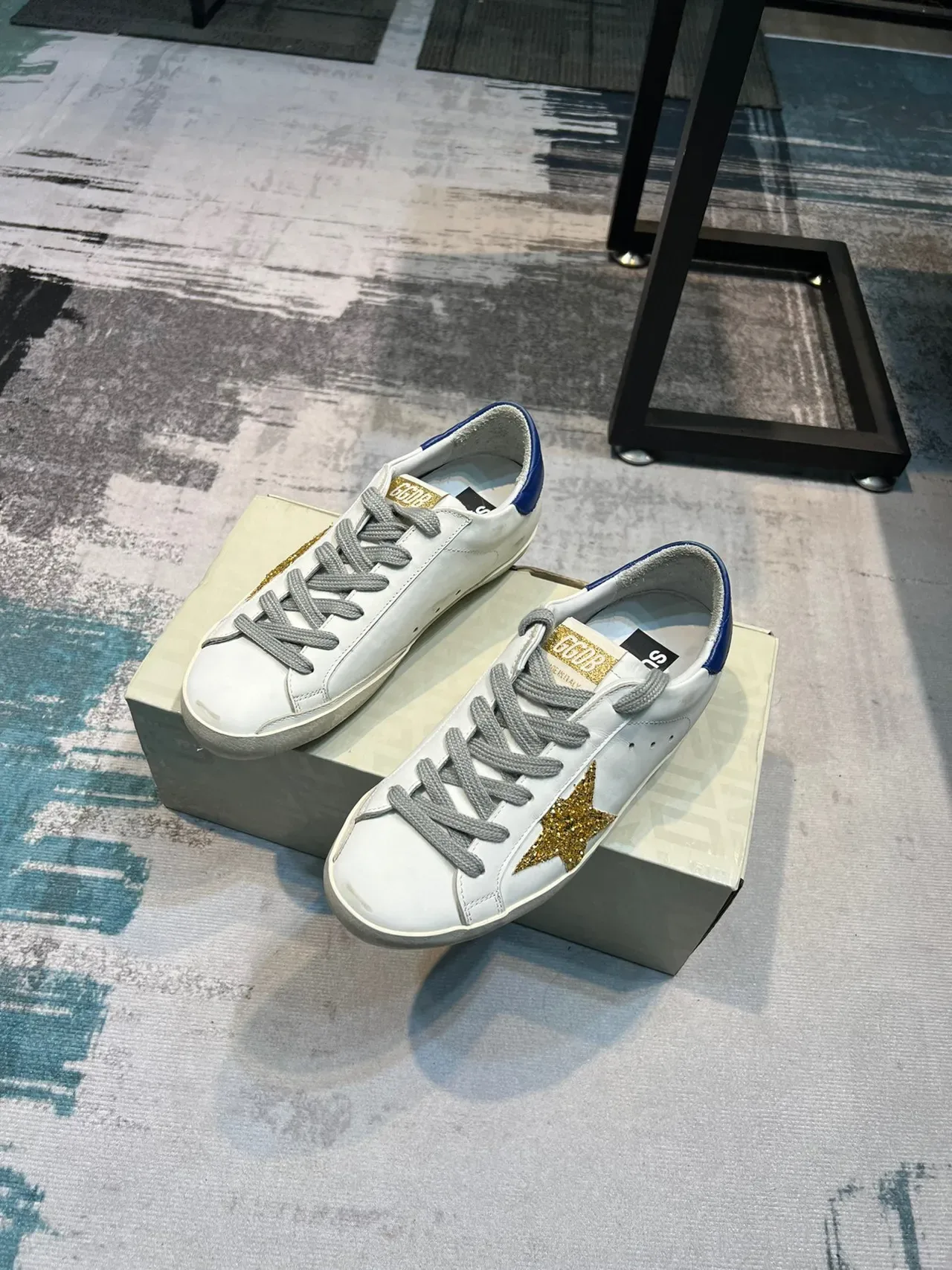 Golden Goose Superstar White Blue Distressed Leather Glitter Gold Star Appliqué Lifestyle Sneakers 3