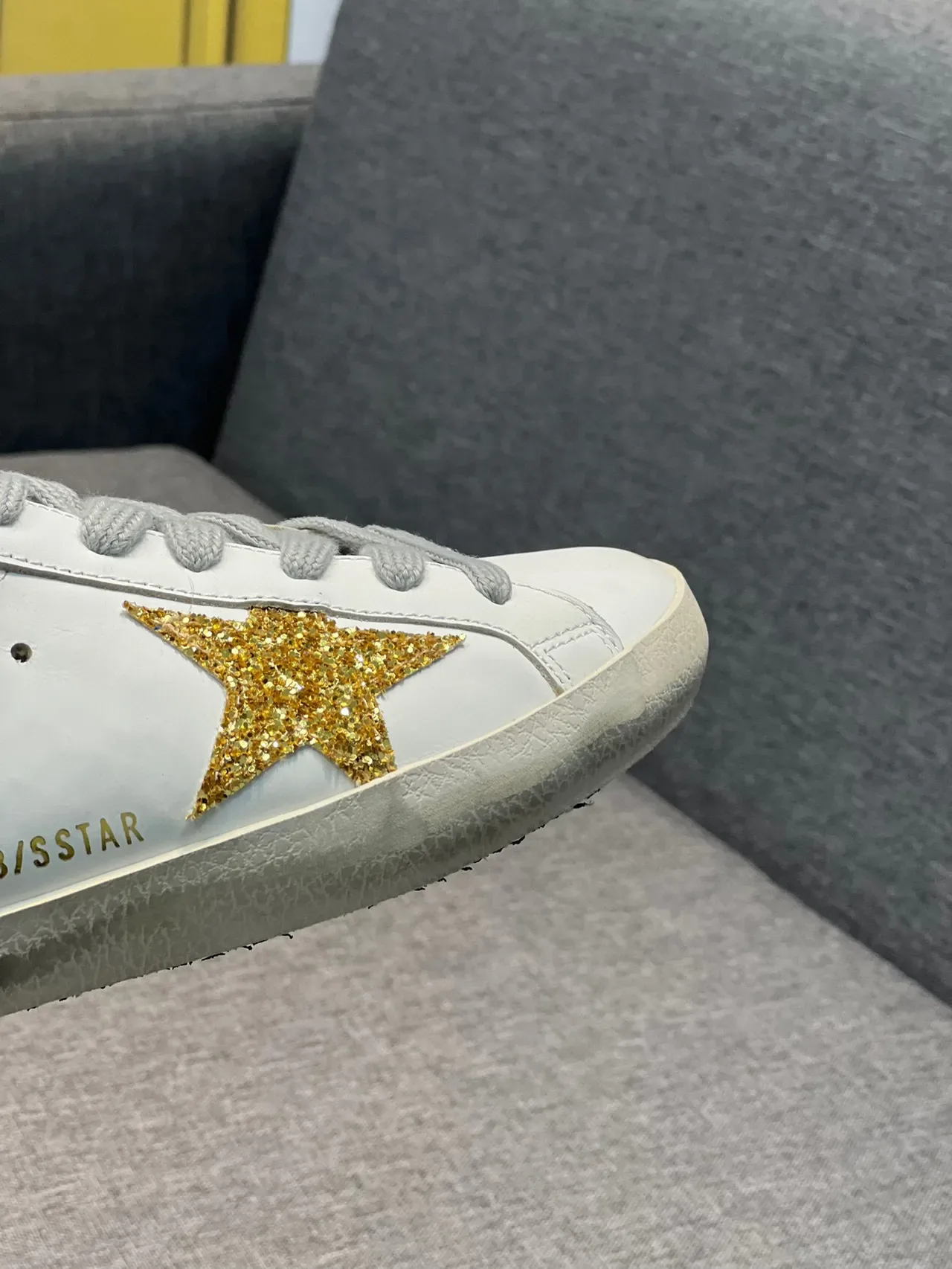 Golden Goose Superstar White Blue Distressed Leather Glitter Gold Star Appliqué Lifestyle Sneakers 4