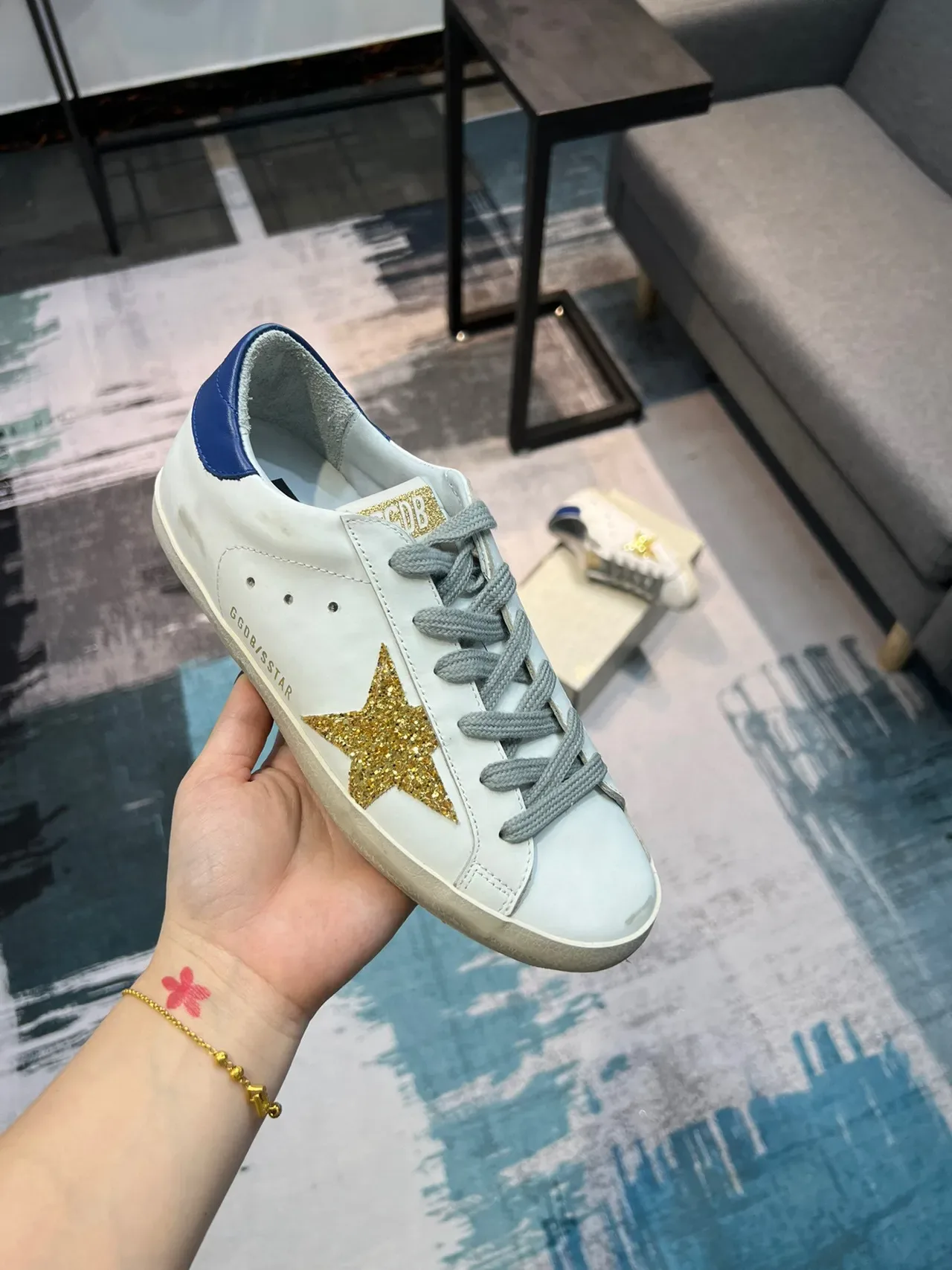 Golden Goose Superstar White Blue Distressed Leather Glitter Gold Star Appliqué Lifestyle Sneakers 6
