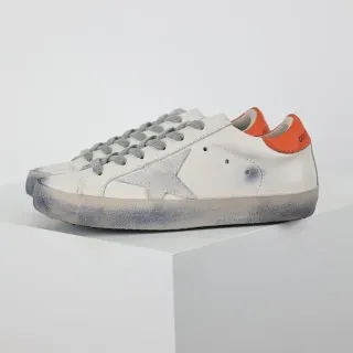 Golden Goose Superstar White Orange Distressed Sole Star Side Patch Lifestyle Sneakers