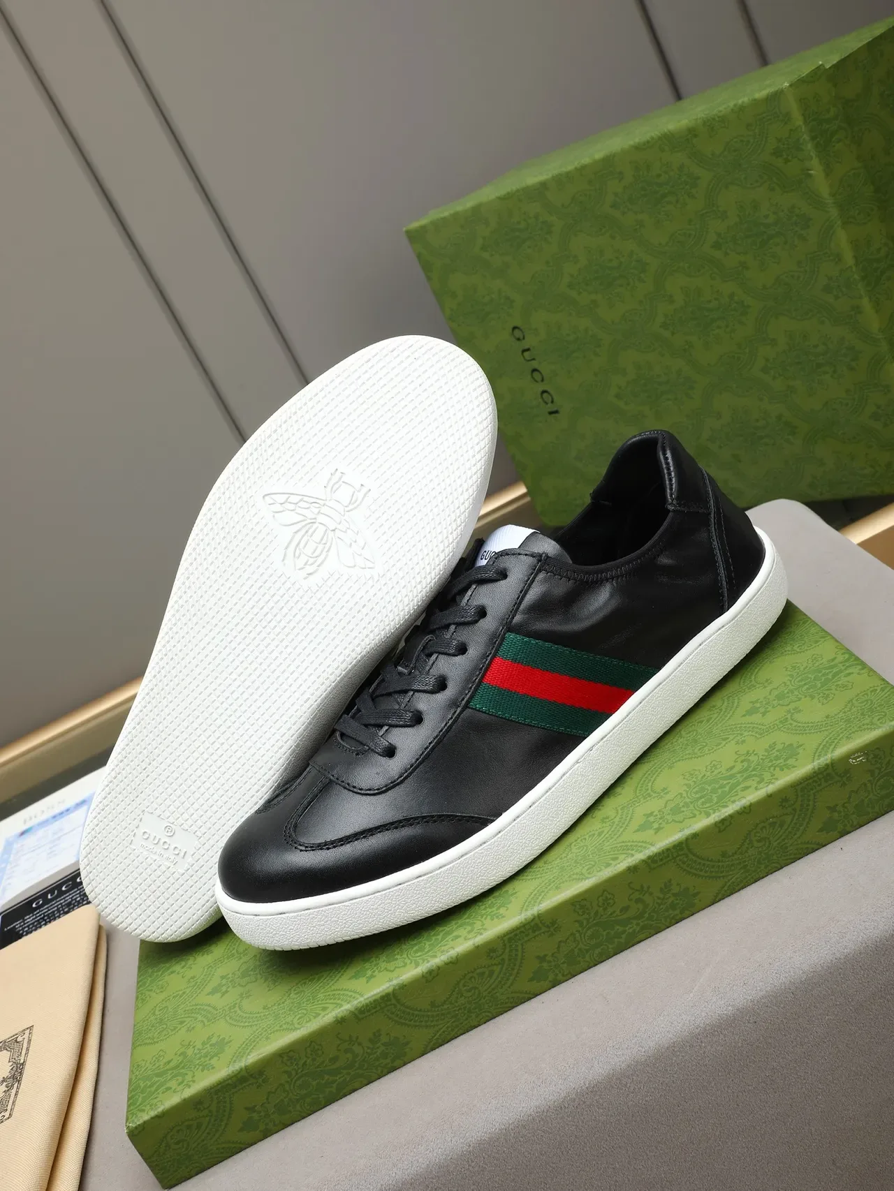 Gucci Ace Black Leather Web Stripe Lifestyle Sneakers 4
