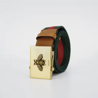 Gucci Bee Buckle Belt Green Brown Woven Strap Web Stripe Detail Canvas Belt
