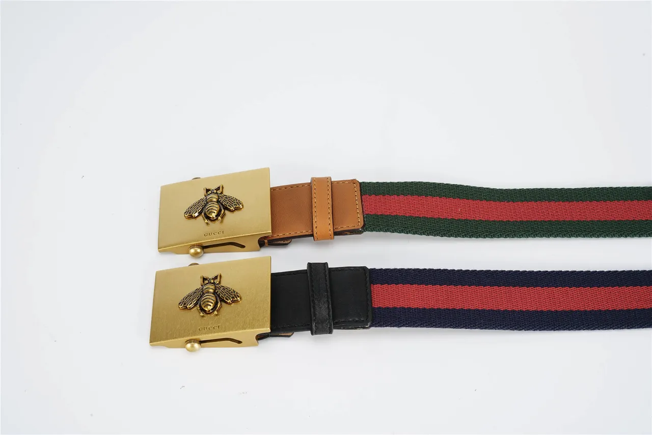 Gucci Cinto com Fivela de Abelha Verde Marrom Cinto Trançado Detalhe Listra Web Cinto Canvas 2