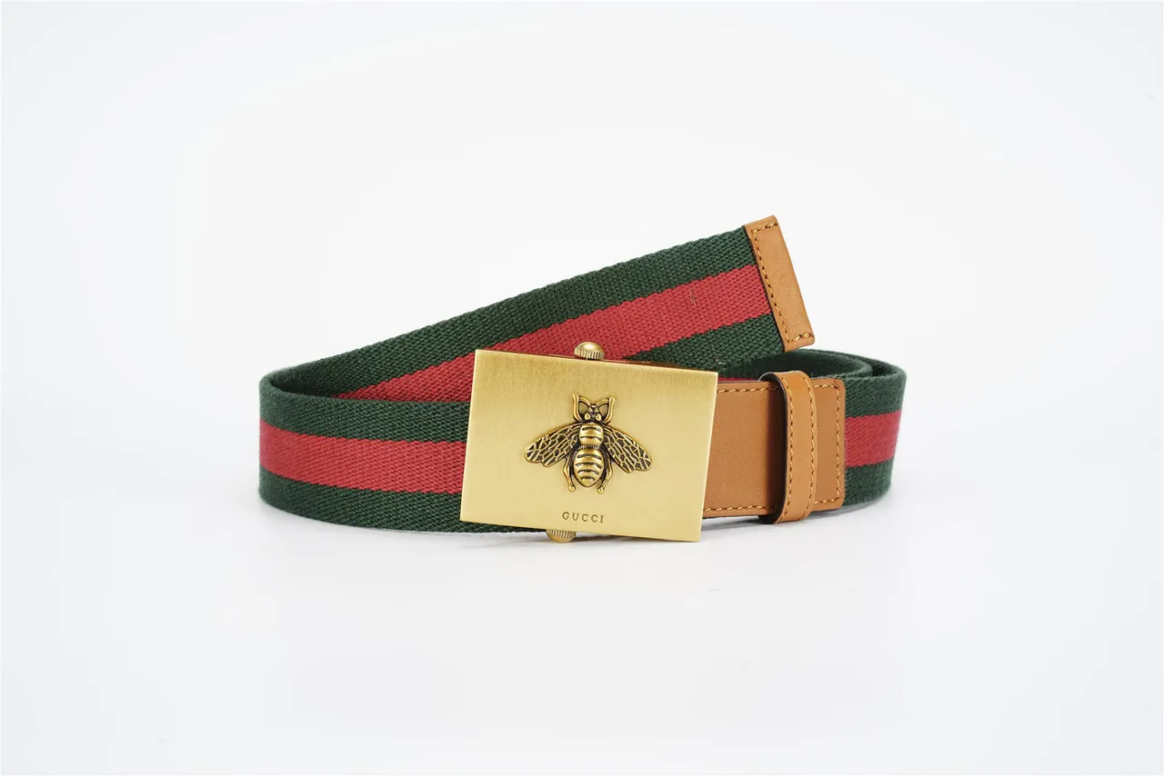Gucci Cinto com Fivela de Abelha Verde Marrom Cinto Trançado Detalhe Listra Web Cinto Canvas 4