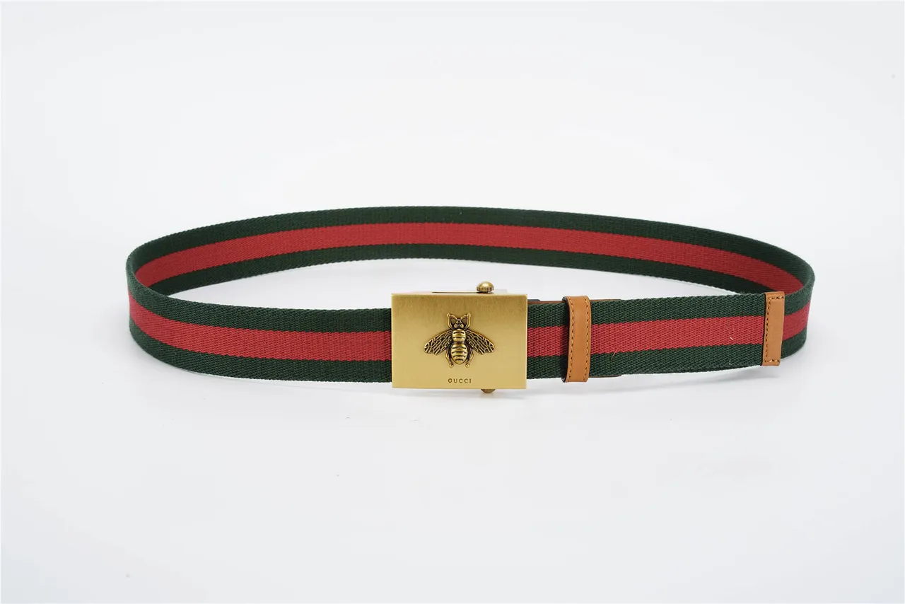 Gucci Cinto com Fivela de Abelha Verde Marrom Cinto Trançado Detalhe Listra Web Cinto Canvas 9