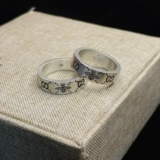 Gucci Bee Motif GG Monogram Ring Silver Black Engraved Ring