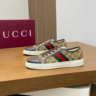 Gucci بيج بني GG Monogram Canvas Web Stripe حذاء رياضي أسلوب حياة
