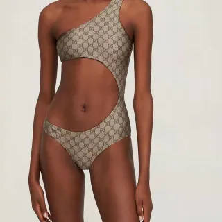 Gucci Beige Brown One-Shoulder Side Cutout Swimwear