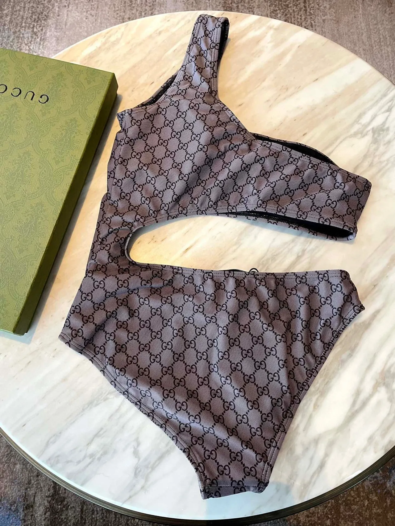 Gucci Beige Brown One-Shoulder Side Cutout Swimwear 5