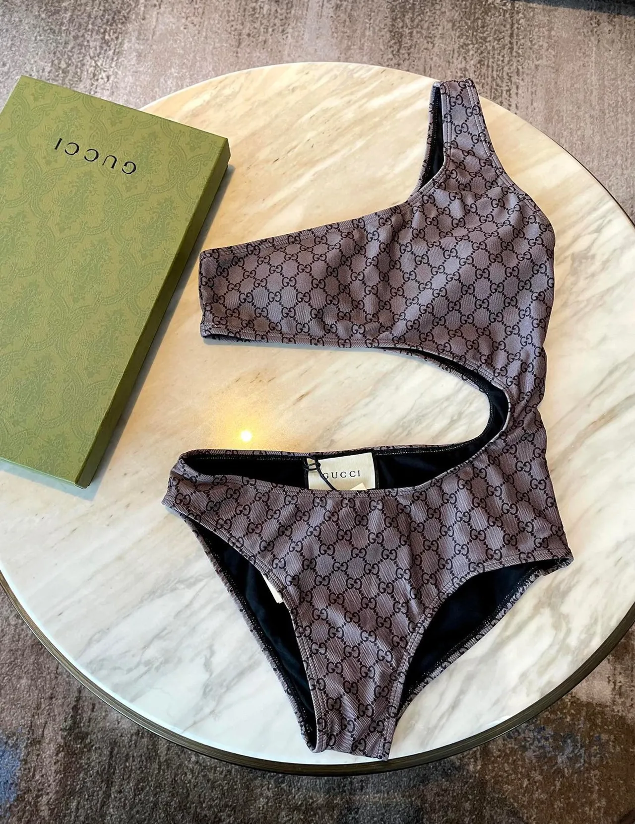 Gucci Beige Brown One-Shoulder Side Cutout Swimwear 6