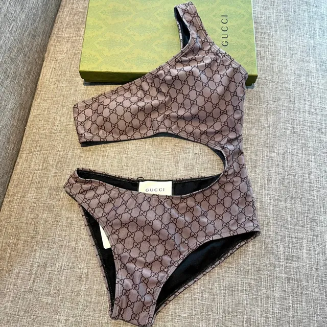 Gucci Beige Brown One-Shoulder Side Cutout Swimwear 7
