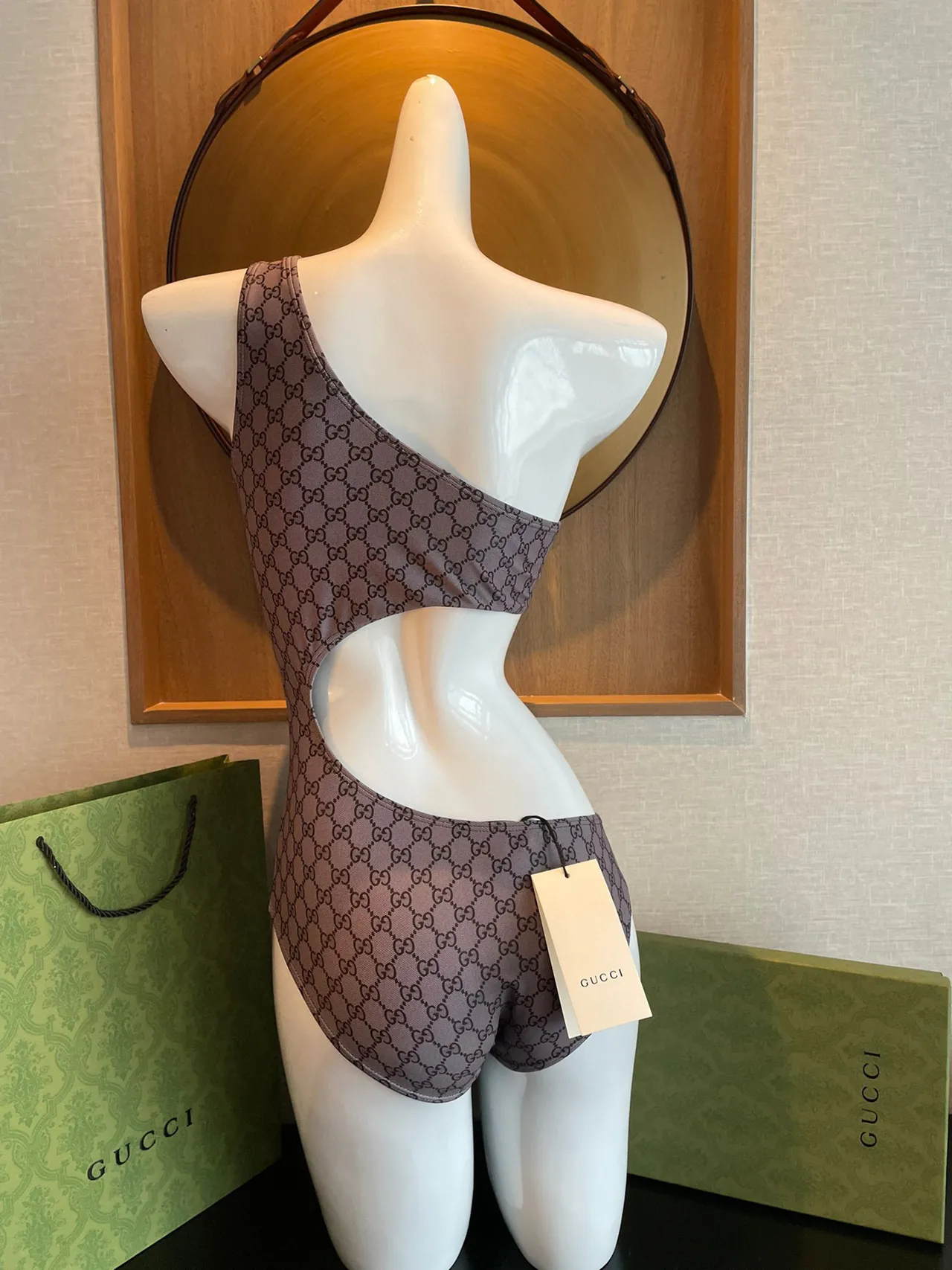 Gucci Beige Brown One-Shoulder Side Cutout Swimwear 8