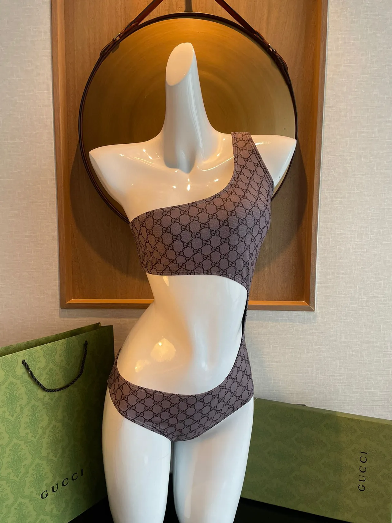 Gucci Beige Brown One-Shoulder Side Cutout Swimwear 9