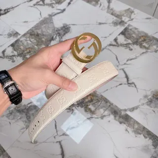 Gucci Beige Gold Embossed GG Monogram Double G Buckle Leather Belt