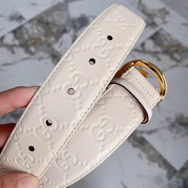 Gucci Beige Gold Embossed GG Monogram Double G Buckle Leather Belt 6