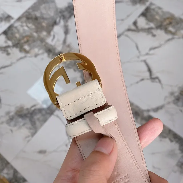 Gucci Beige Gold Embossed GG Monogram Double G Buckle Leather Belt 8