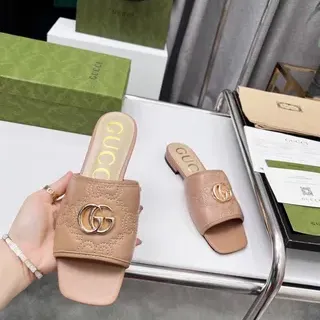 Gucci Beige Gold Square-Toe Embossed GG Monogram Slippers