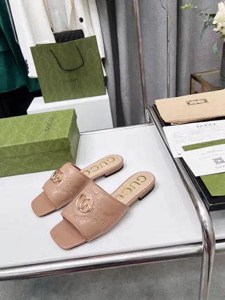 Gucci Beige Gold Square-Toe Embossed GG Monogram Slippers 3