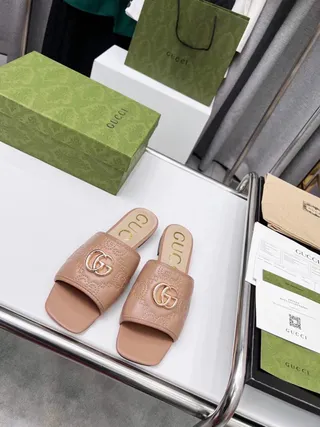 Gucci Beige Gold Square-Toe Embossed GG Monogram Slippers 4