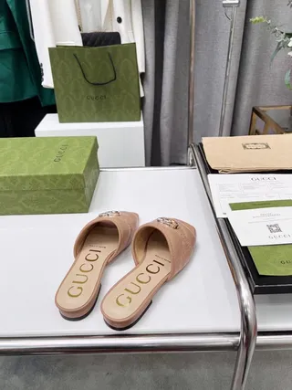Gucci Beige Gold Square-Toe Embossed GG Monogram Slippers 5