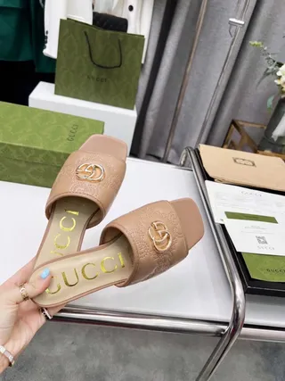 Gucci Beige Gold Square-Toe Embossed GG Monogram Slippers 6