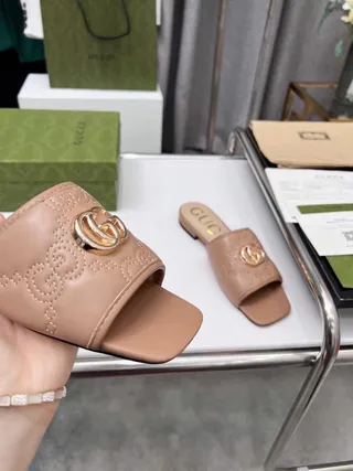Gucci Beige Gold Square-Toe Embossed GG Monogram Slippers 7