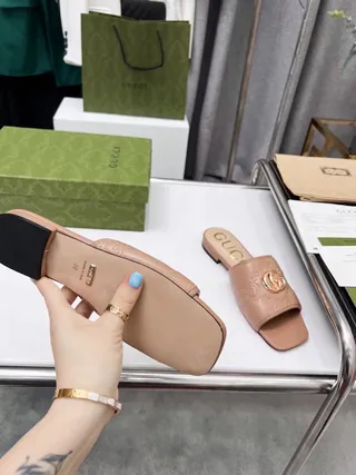 Gucci Beige Gold Square-Toe Embossed GG Monogram Slippers 8