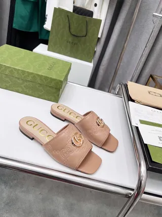 Gucci Beige Gold Square-Toe Embossed GG Monogram Slippers 9