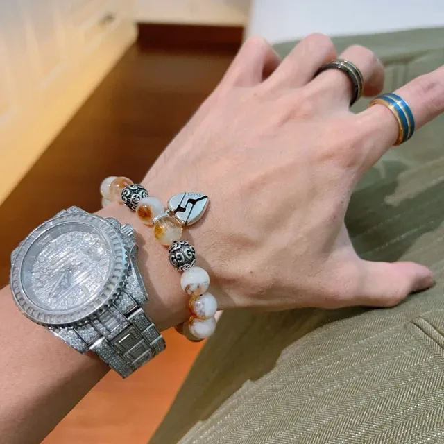 Gucci Beige Silver Beaded Amber-and-White Stone Bracelet 2