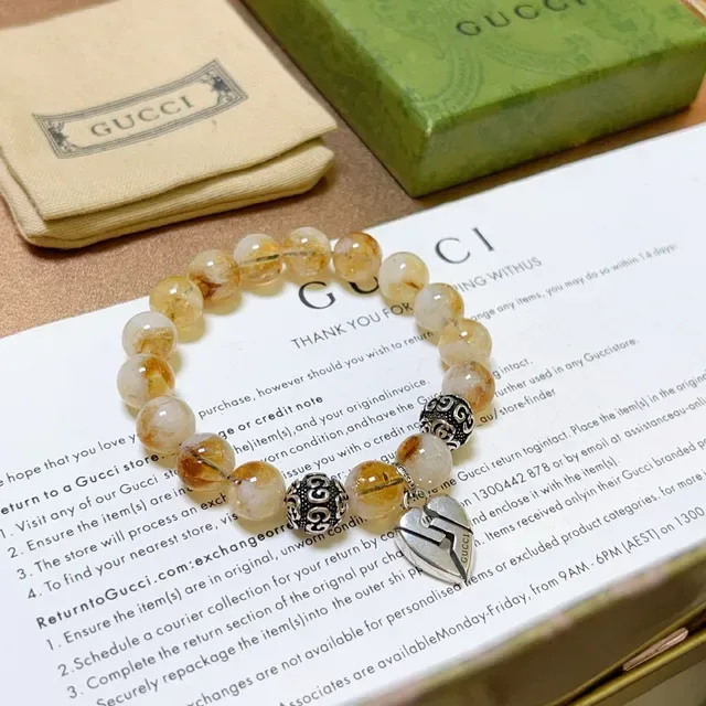 Gucci Beige Silver Beaded Amber-and-White Stone Bracelet 3