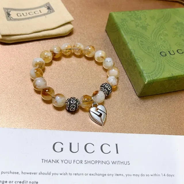 Gucci Beige Silver Beaded Amber-and-White Stone Bracelet 7