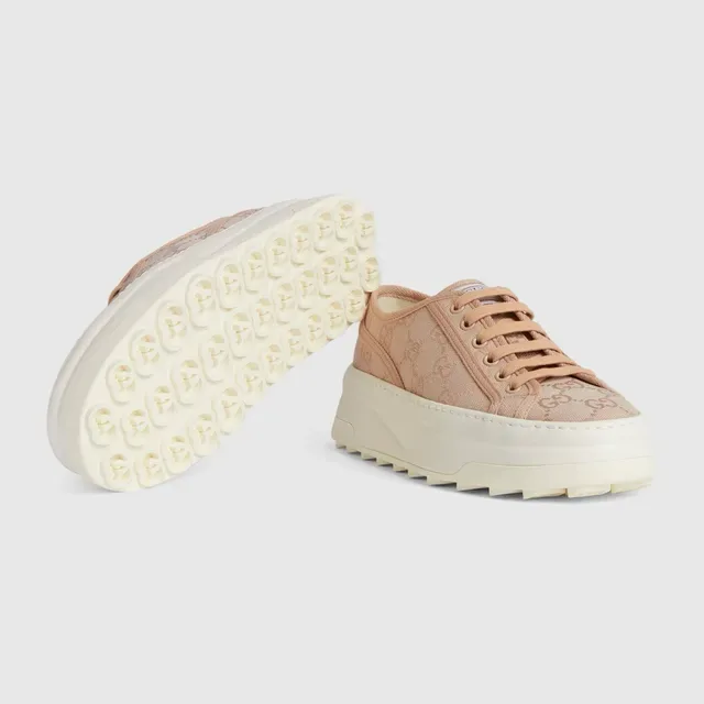 Gucci Beige White Monogrammed Canvas Upper Chunky Platform Sole Lifestyle Sneakers 3