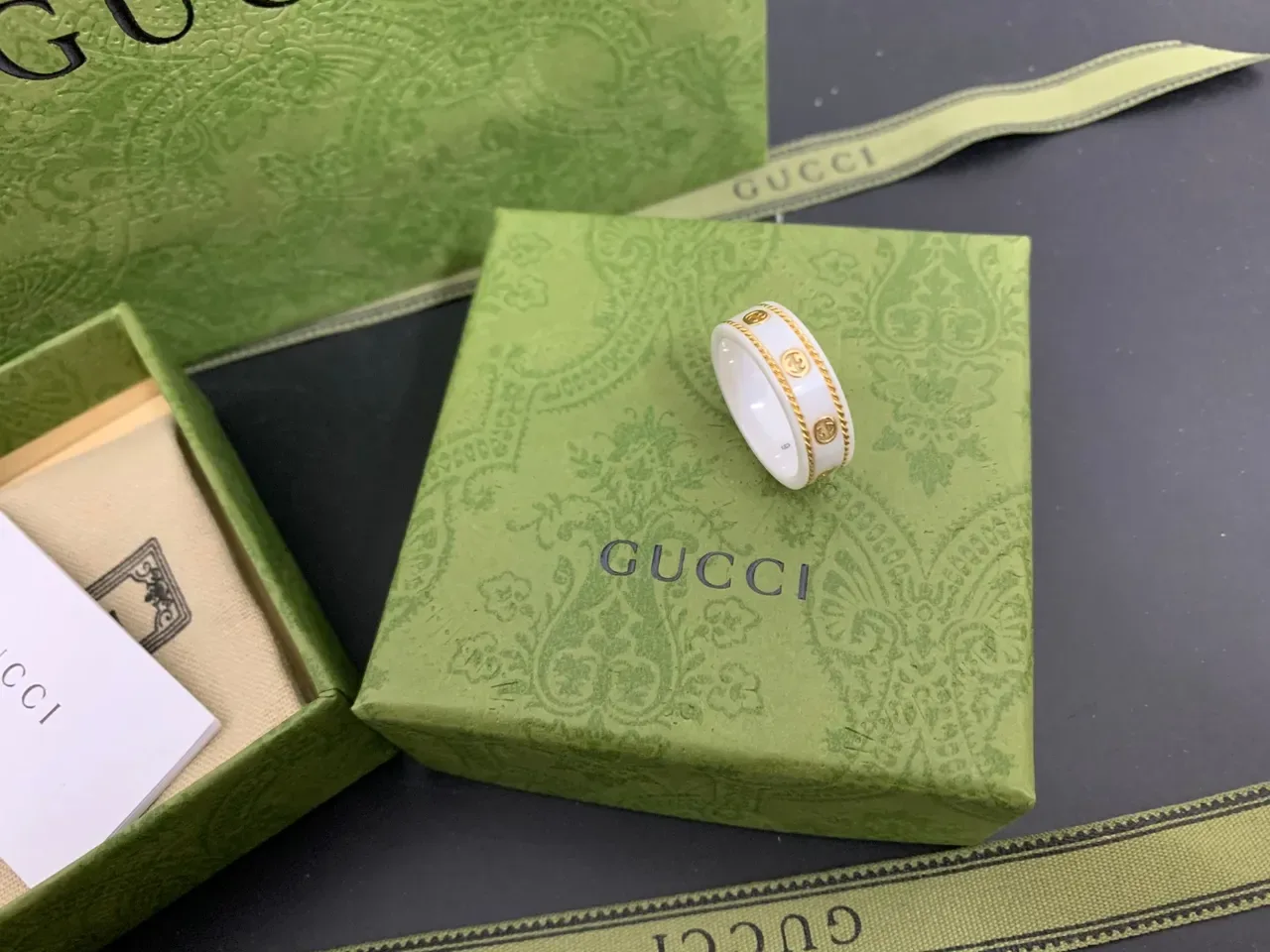 Gucci Black and Gold Interlocking G Motif Wide Band Ring 5