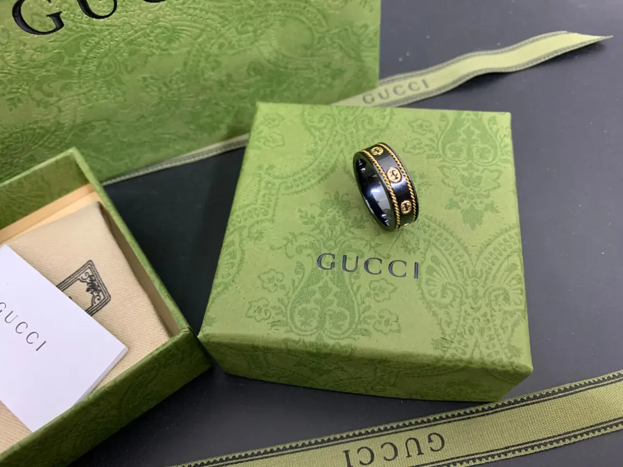 Gucci Black and Gold Interlocking G Motif Wide Band Ring 6
