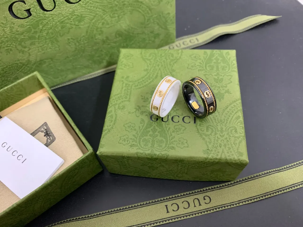 Gucci Black and Gold Interlocking G Motif Wide Band Ring 7
